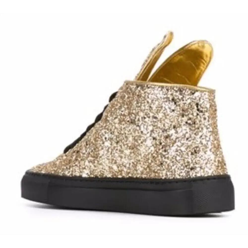 Minna Parikka Bunny Ears Sneaker •Women 40 /US 9• Gold Glitter Black Hi Top - Picture 3 of 15